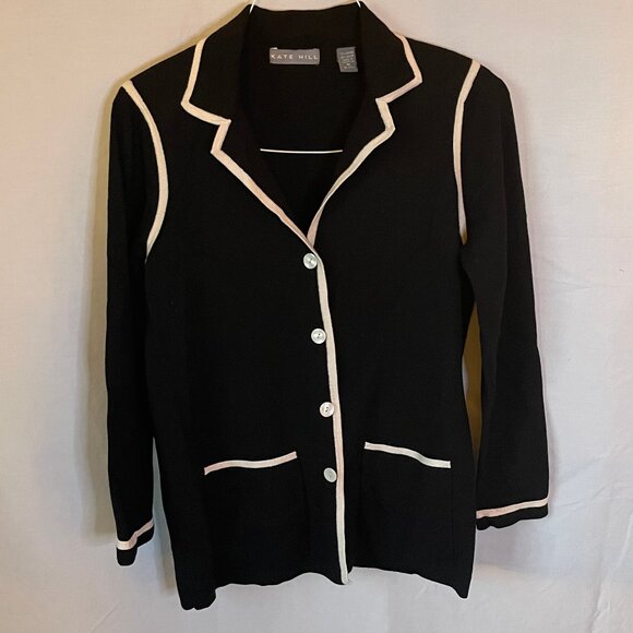 Kate Hill Jackets & Blazers - KATE HILL - Black with White Trim - Long Sleeve Button Blazer - Women Medium